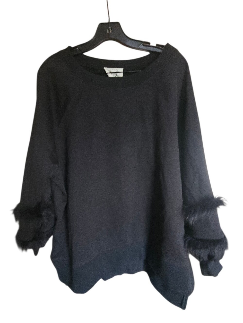 Black Women's Pullover Sweater with Faux-Fur Trim